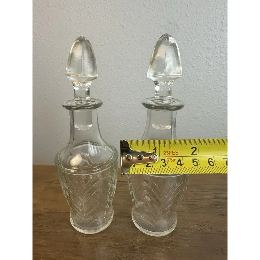 MCM Pair vintage leaf Janette glass decanters with stoppers 10” tall